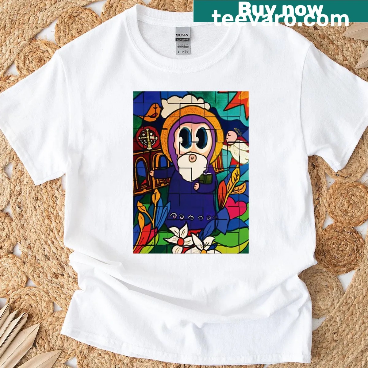 T-shirt featuring design inspired by Saint Benedict — on a men's t-shirt