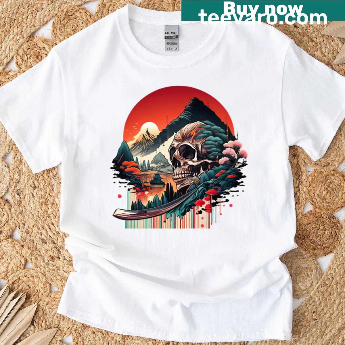 Surreal illustration of a samurai skull in a Japanese landscape — on a men's t-shirt