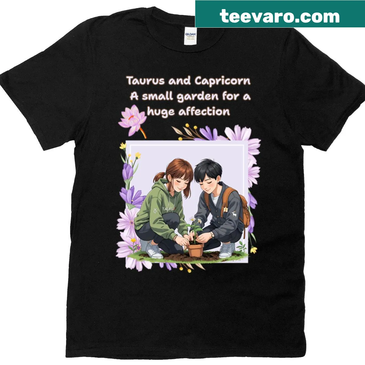 Zodiac couple T-shirt featuring Scorpio and Aquarius designs. — on a men's t-shirt