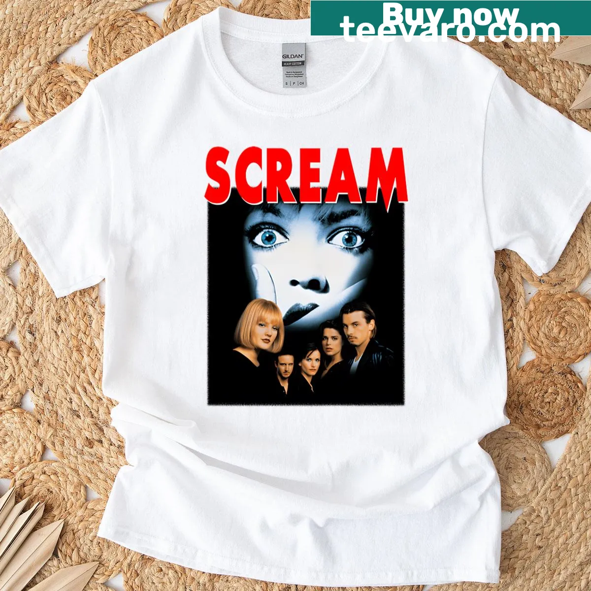 Vintage-style Scream movie poster T-shirt — on a men's t-shirt