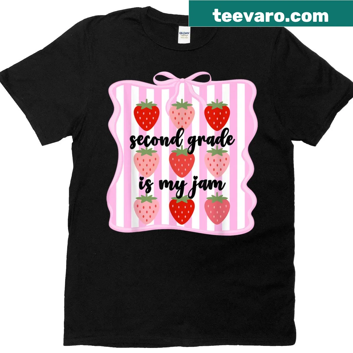 Cute T-shirt with strawberry design celebrating second grade teaching. — on a men's t-shirt