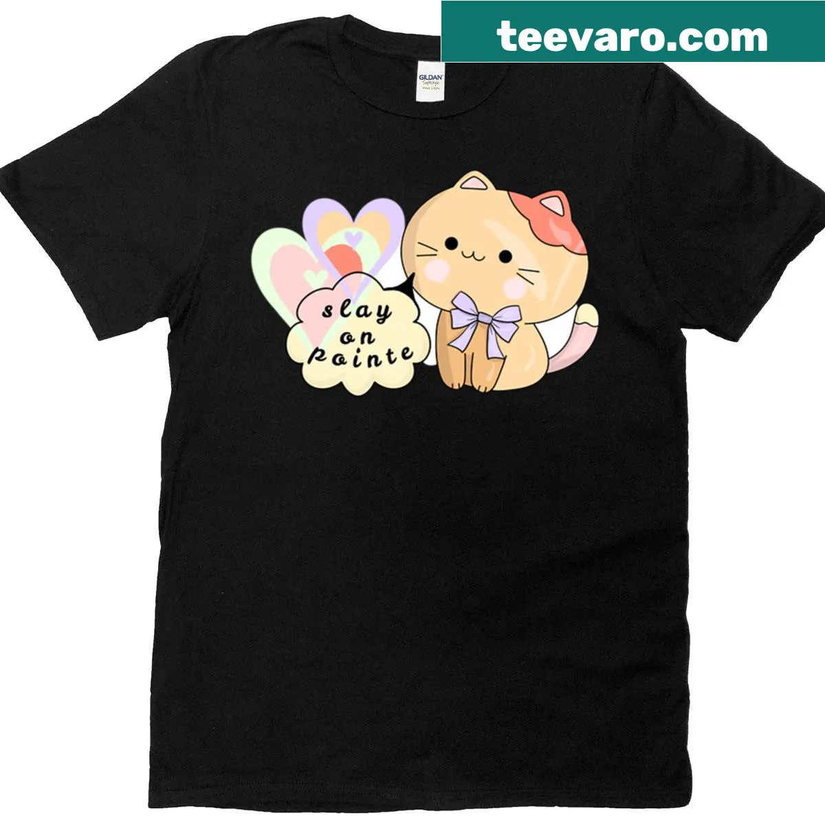 Kawaii ballet cat graphic T-shirt featuring stickers and playful design. — on a men's t-shirt