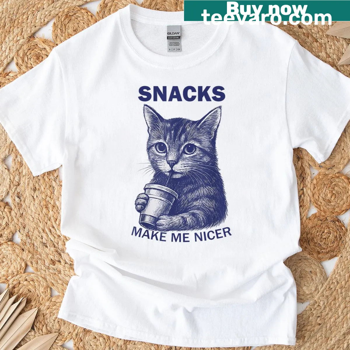 Sarcastic Snacks Make Me Nicer Cat T-shirt with playful text — on a men's t-shirt