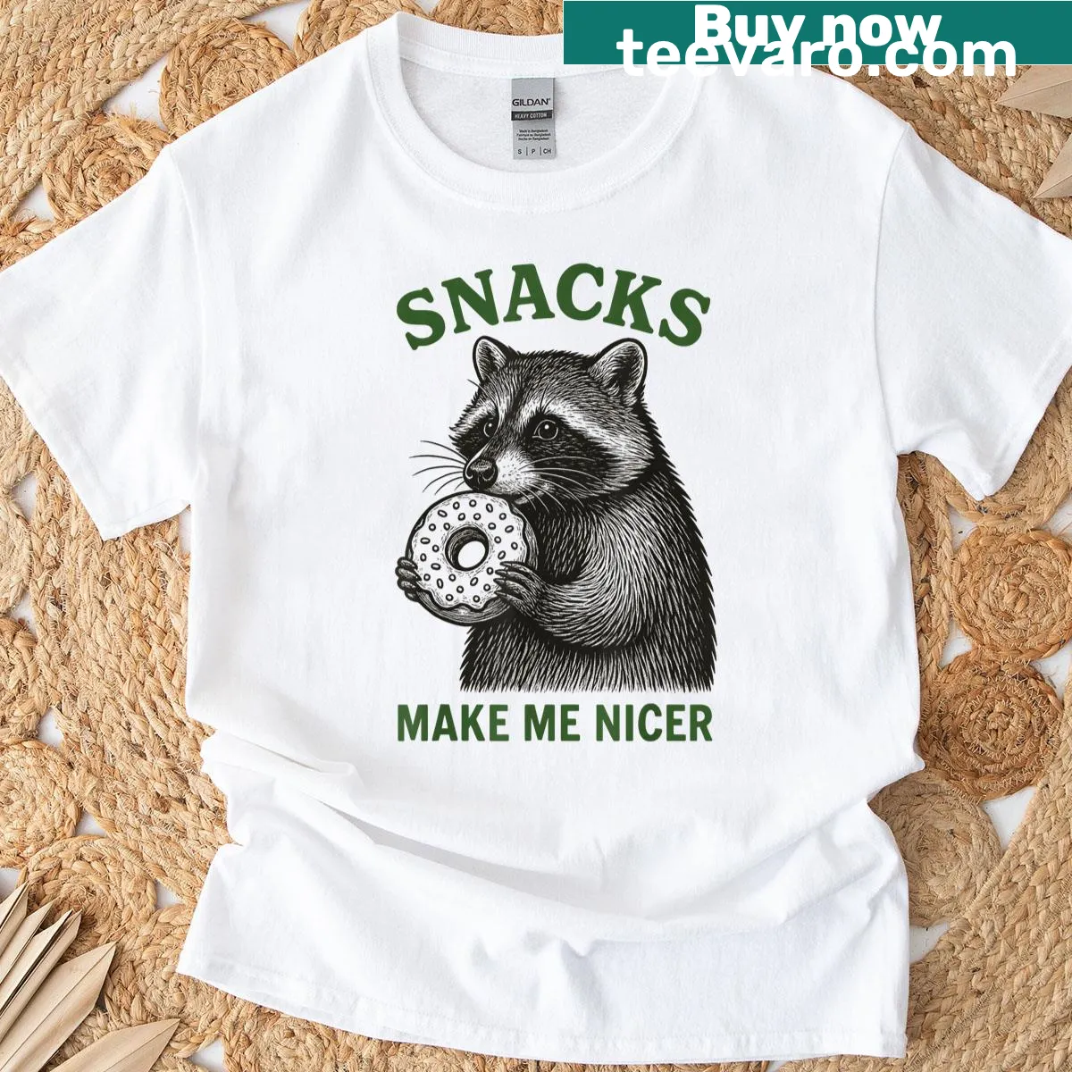 Sarcastic Snacks Make Me Nicer Raccoon T-shirt with fun text — on a men's t-shirt