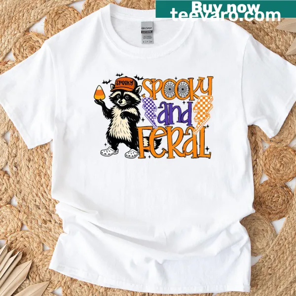 Funny Halloween t-shirt with a raccoon ghost and pumpkin design