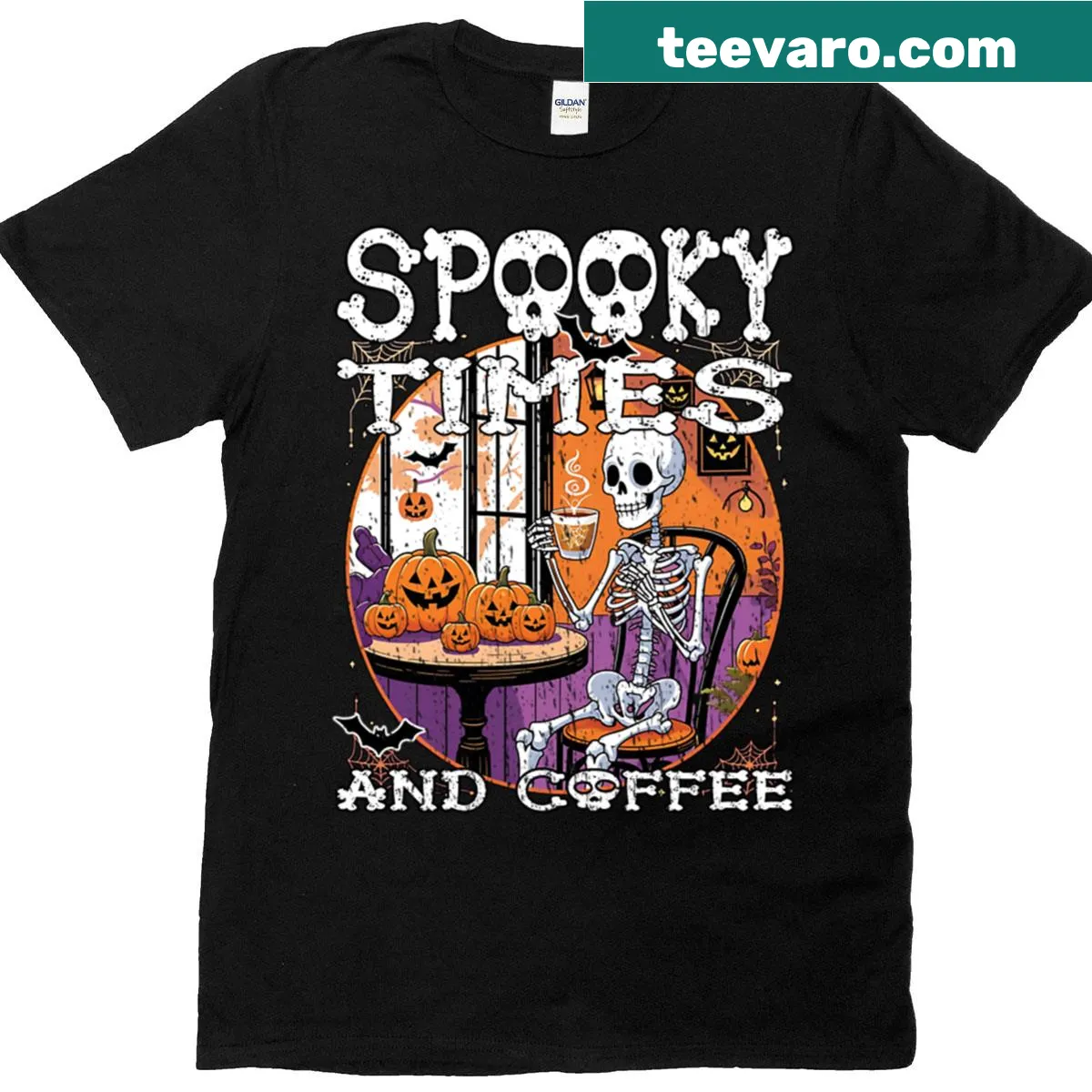 Whimsical skeleton graphic t-shirt enjoying coffee — on a men's t-shirt