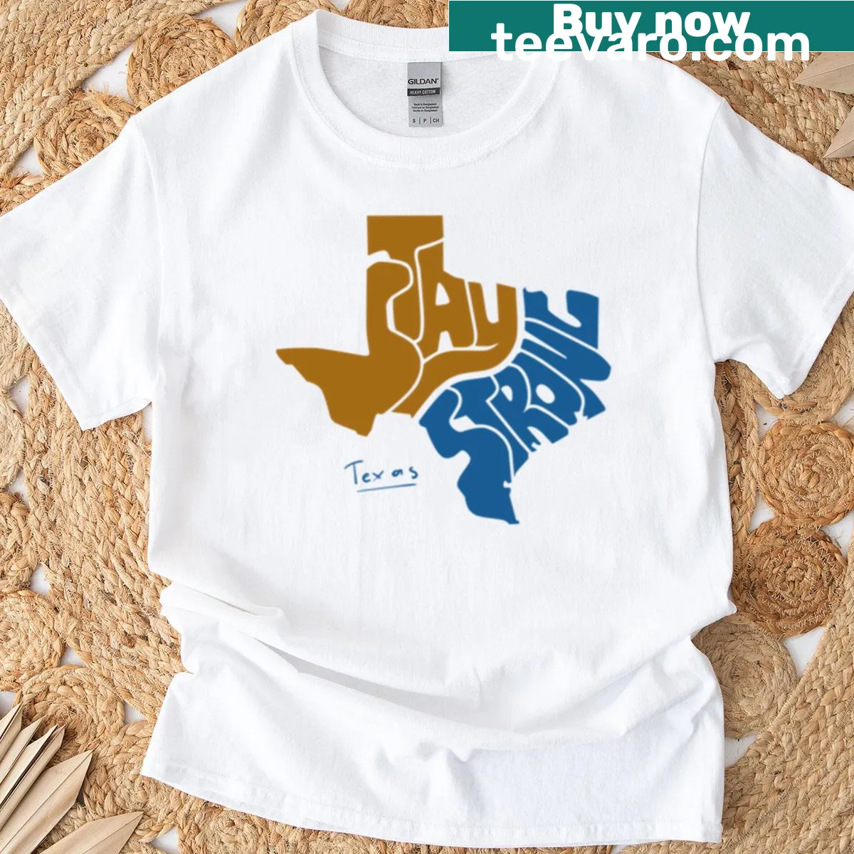 Texas map outline t-shirt with 'Stay Strong' word art — on a men's t-shirt