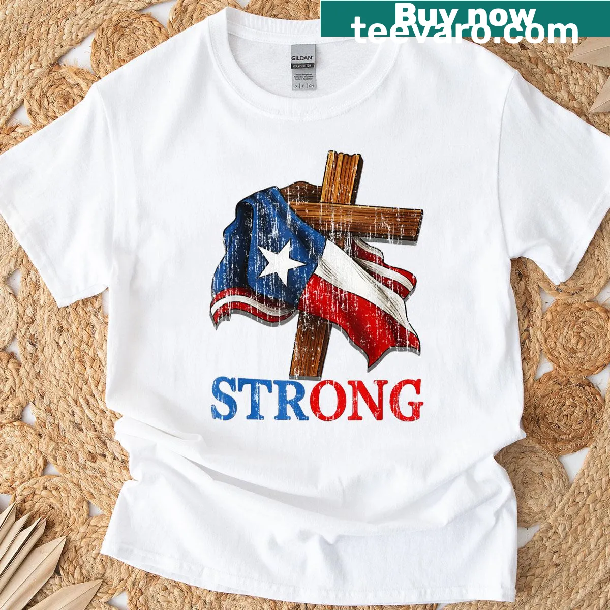 T-shirt featuring Texas flag and Christian cross design — on a men's t-shirt