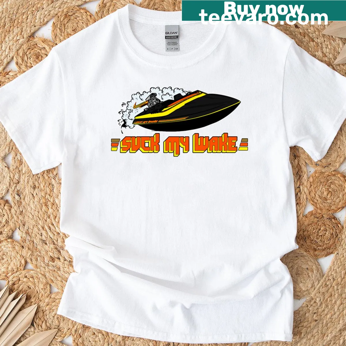 Playful boating t-shirt with the phrase 'Suck My Wake' and jet boat graphic — on a men's t-shirt