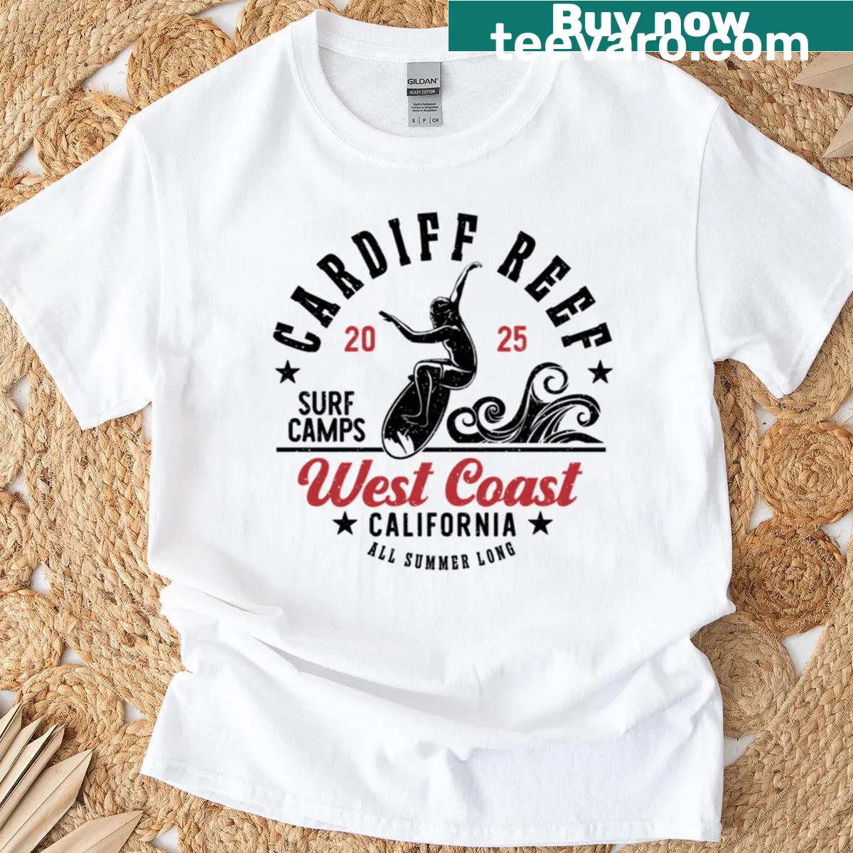 Illustrated t-shirt of surfers at Cardiff Reef in San Diego County — on a men's t-shirt
