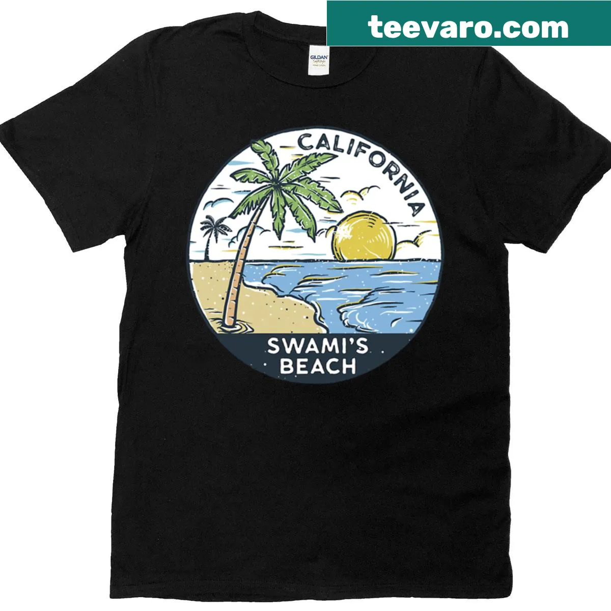 Vintage-style t-shirt featuring Swamis Beach, California — on a men's t-shirt