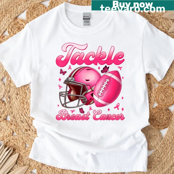 Vintage-style T-shirt featuring football graphic and breast cancer awareness design.