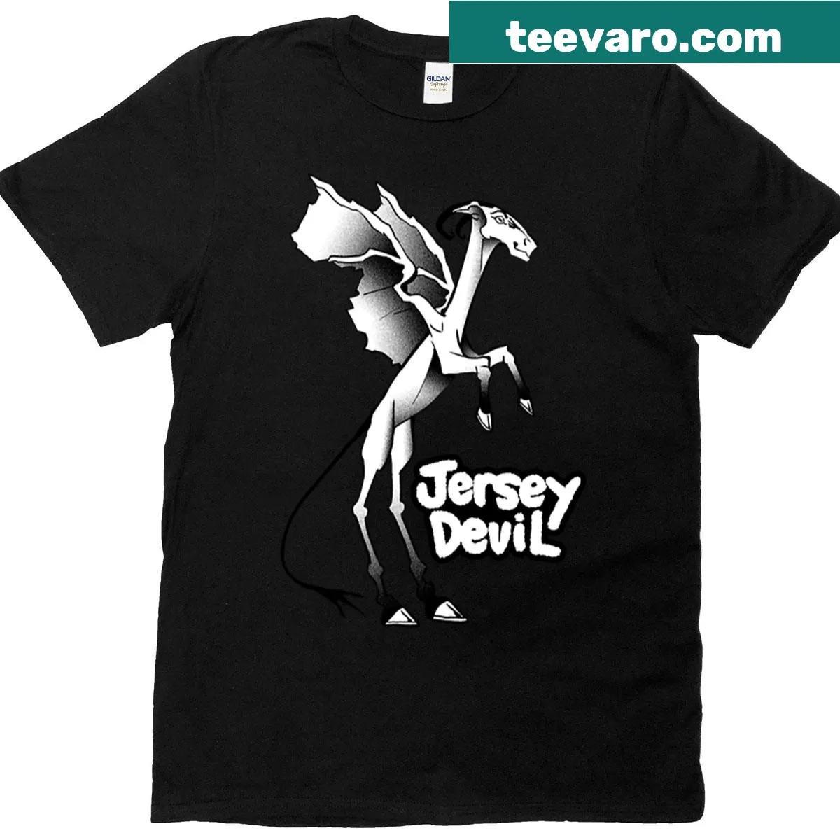 Illustrative t-shirt featuring the legendary Jersey Devil — on a men's t-shirt