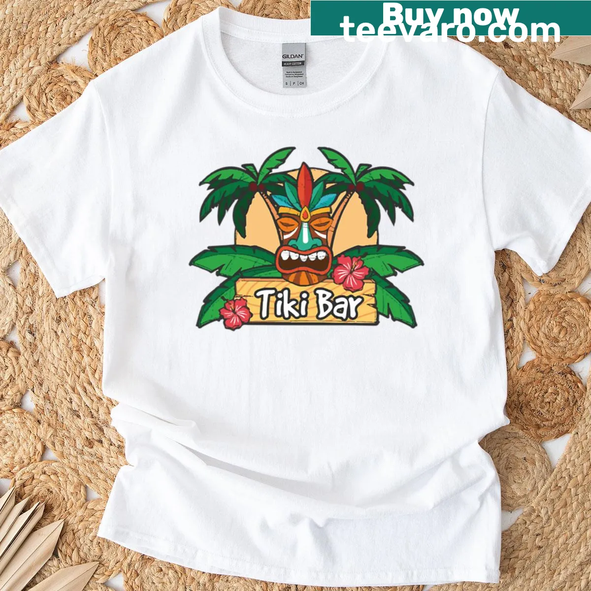 Cartoon-style T-shirt celebrating tiki bar culture — on a men's t-shirt