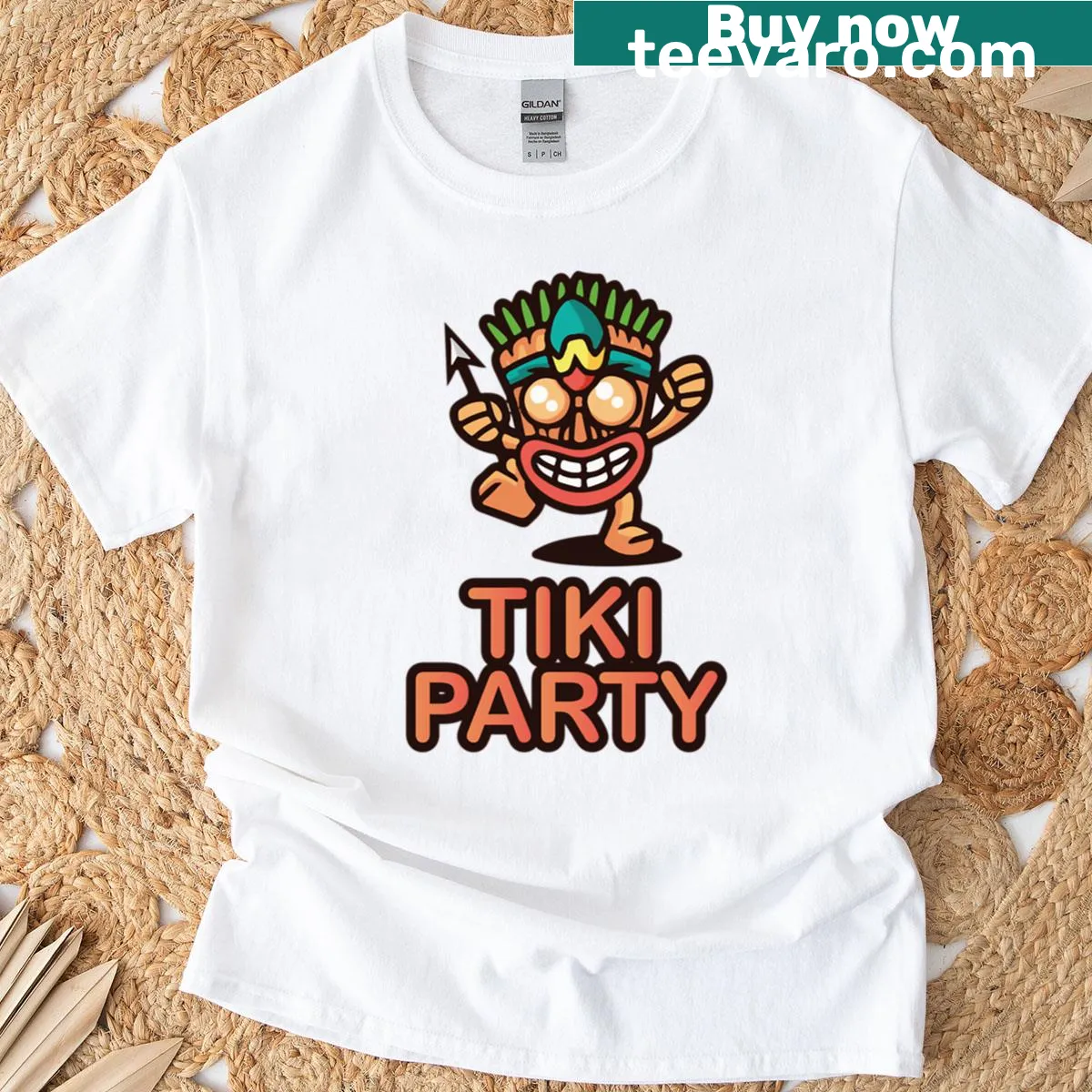 Tiki Party t-shirt featuring tiki mugs and palm trees illustration — on a men's t-shirt