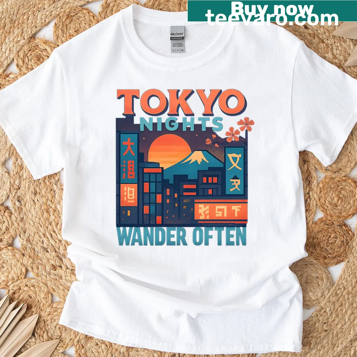 Retro Tokyo cityscape T-shirt with Mount Fuji illustration — on a men's t-shirt