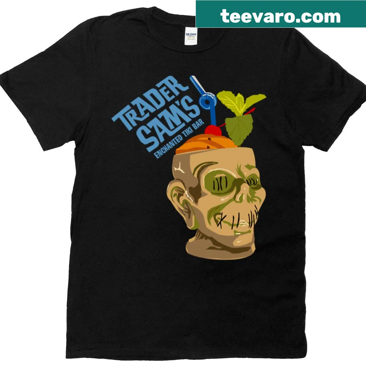 Illustrated T-shirt inspired by Trader Sams Enchanted Tiki Bar — on a men's t-shirt