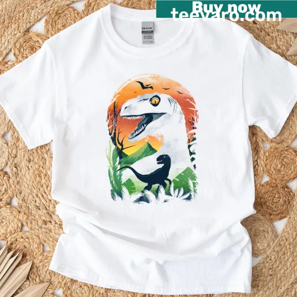 Cartoon-style Ukiyo Velociraptor T-shirt with playful design