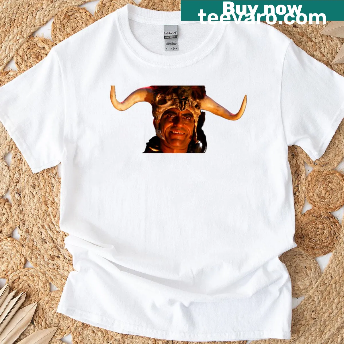 Illustrative vintage T-shirt featuring Mola Ram and Kali Ma in a doom temple. — on a men's t-shirt