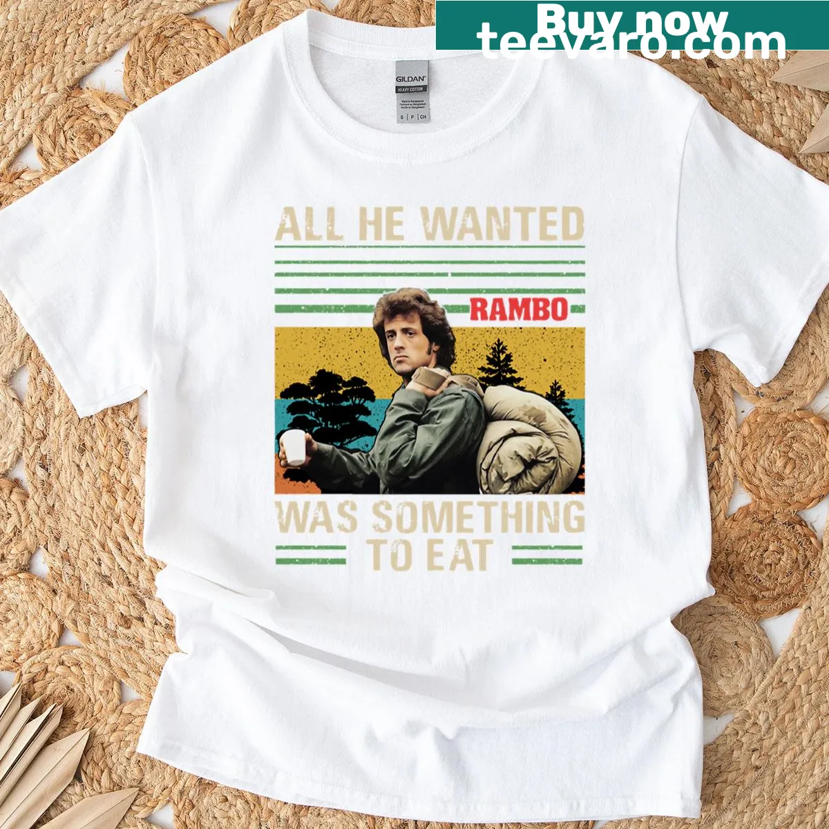 Vintage Rambo t-shirt with action-themed graphic design — on a men's t-shirt