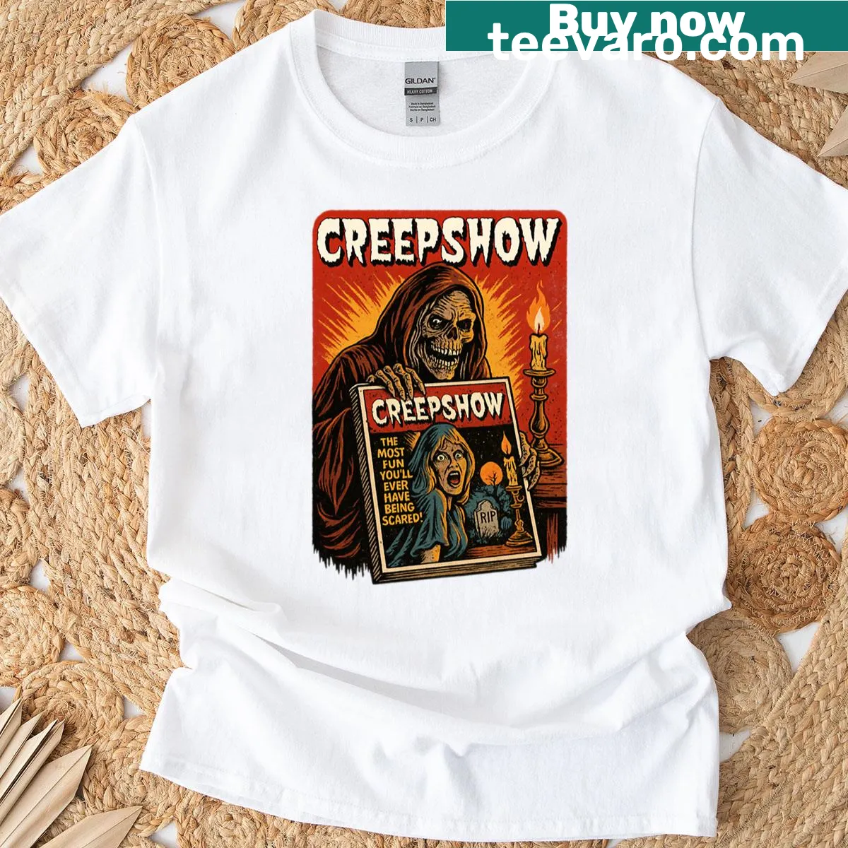 Creepshow design on a retro horror-themed t-shirt — on a men's t-shirt