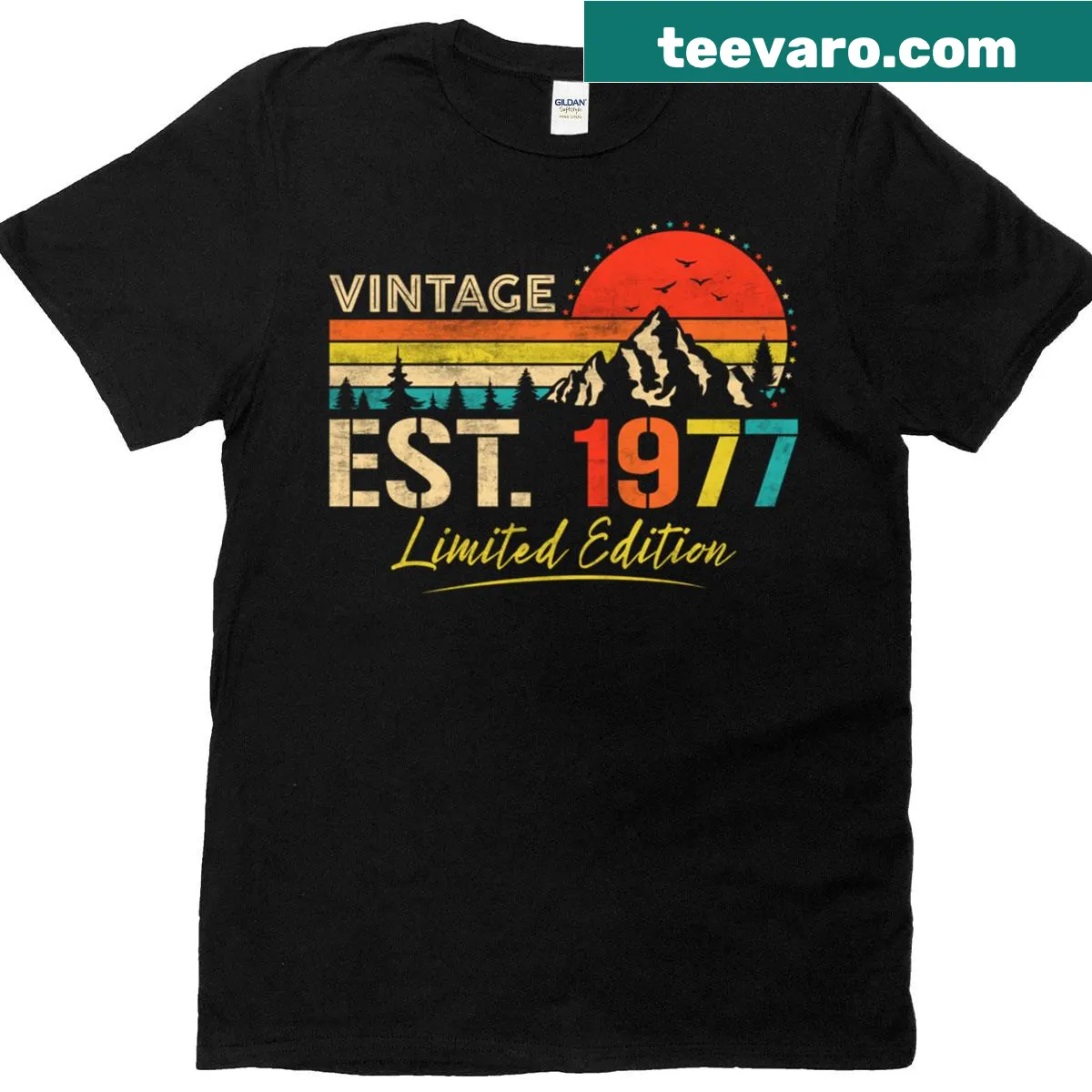 Vintage distressed birthday t-shirt with Est 1977 in retro font — on a men's t-shirt