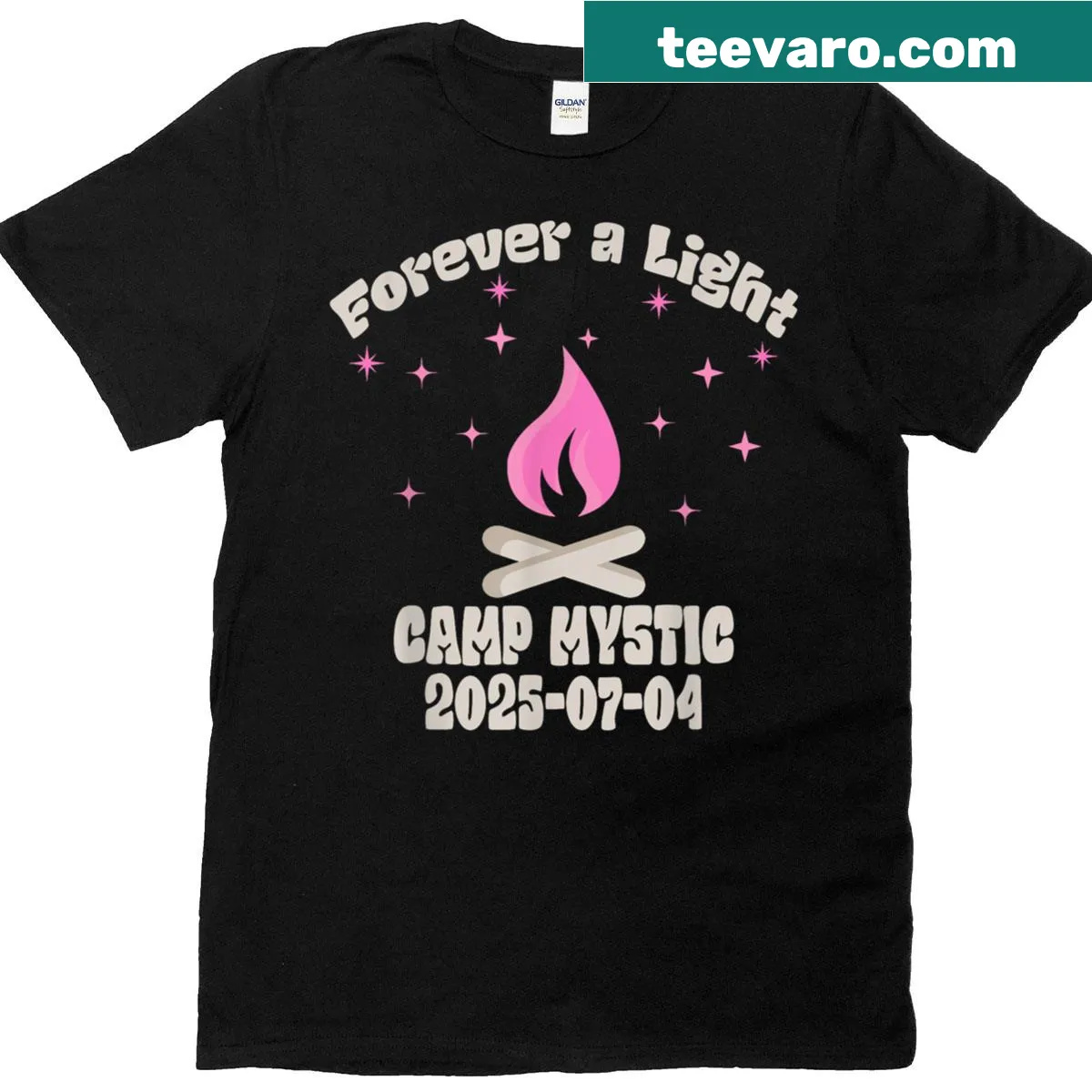 Vintage women's Camp Mystic t-shirt with 'Forever A Light' text — on a men's t-shirt