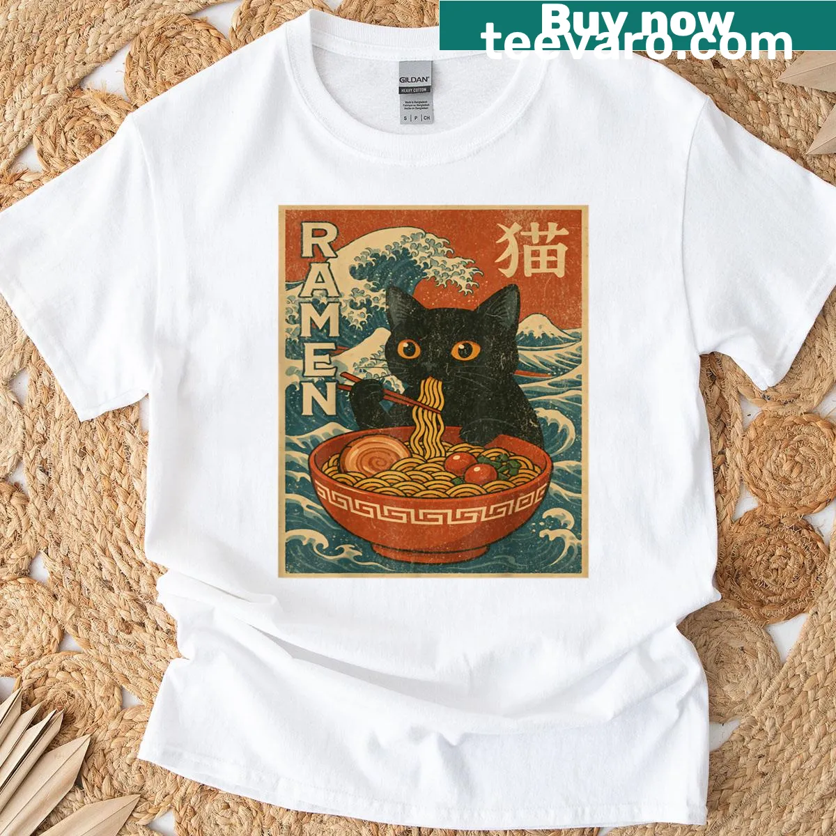 Kawaii t-shirt featuring cat and ramen design in Ukiyo-e style — on a men's t-shirt