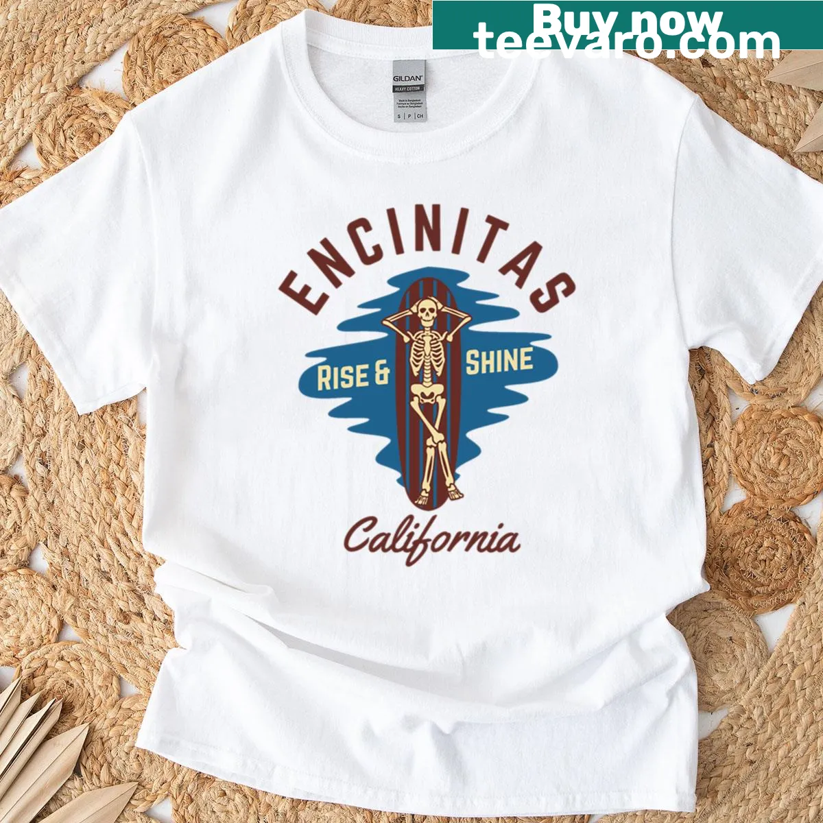 Skeleton surf beach graphic on a vintage-style t-shirt — on a men's t-shirt