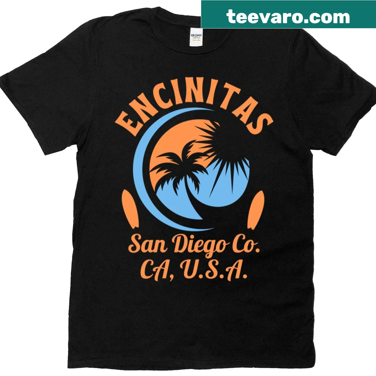 Vintage-style tee depicting Encinitas surf culture. — on a men's t-shirt