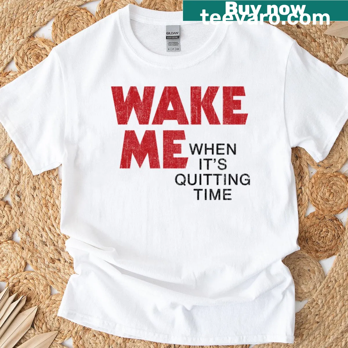 Witty graphic t-shirt with quitting time phrase — on a men's t-shirt