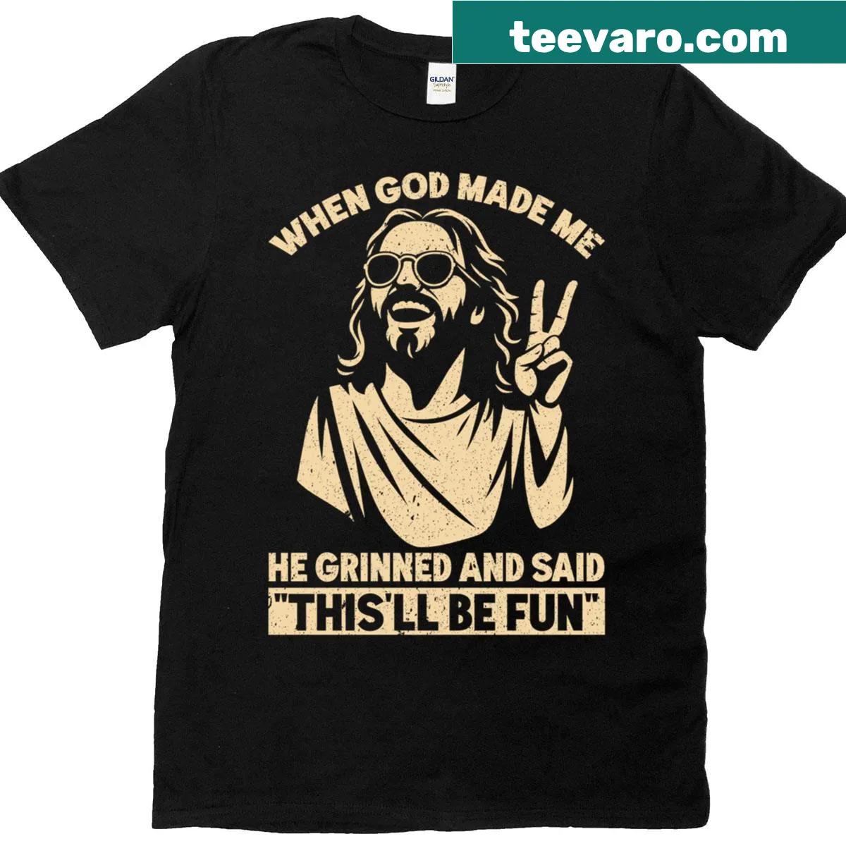 T-shirt with the funny religious phrase about God and fun — on a men's t-shirt