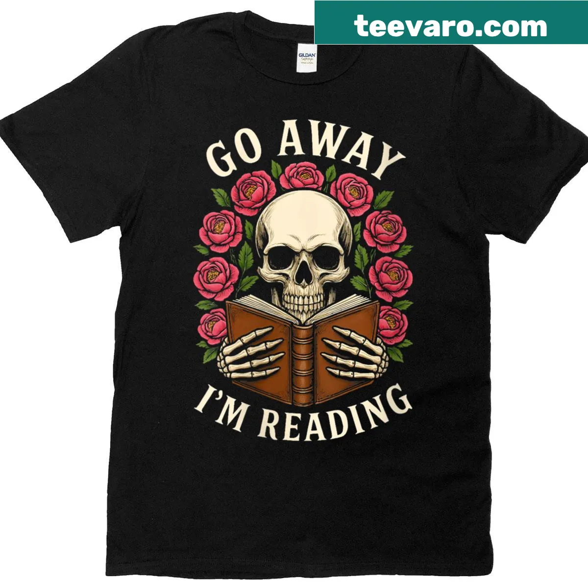 Bookish t-shirt with 'Go Away I'm Reading' message in playful typography — on a men's t-shirt