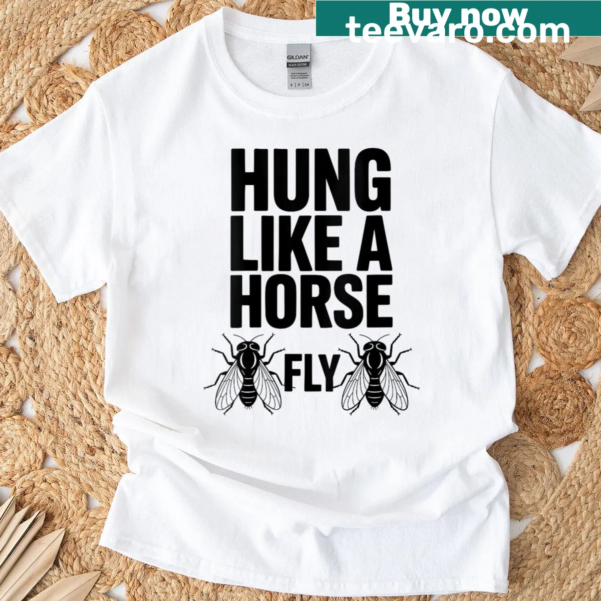 Funny t-shirt with the phrase 'Hung Like A Horse Fly' text — on a men's t-shirt
