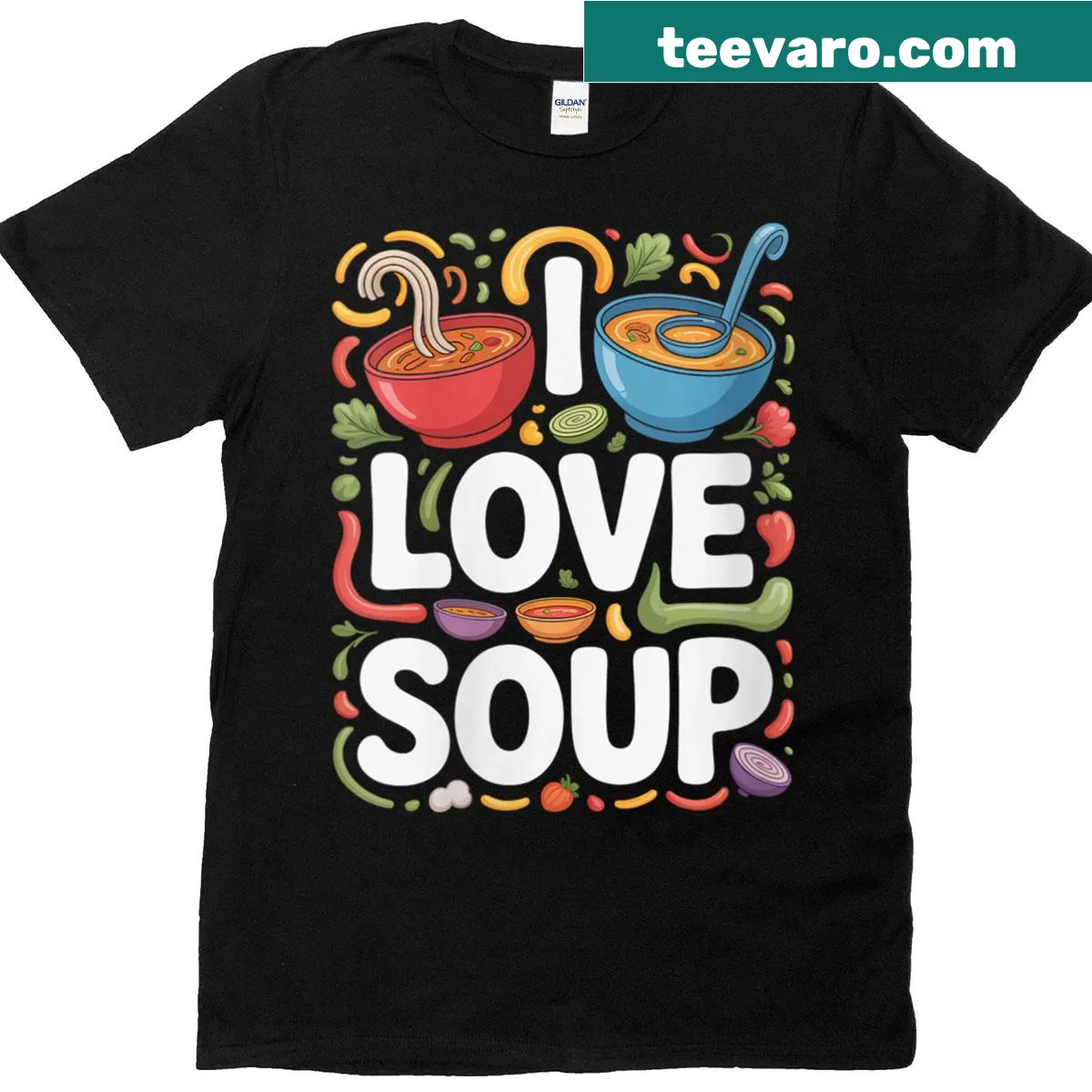 I Love Soup graphic on women's food-themed t-shirt — on a men's t-shirt