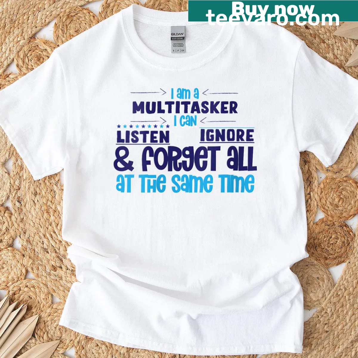 Playful multitasking graphic T-shirt with humorous wording — on a men's t-shirt