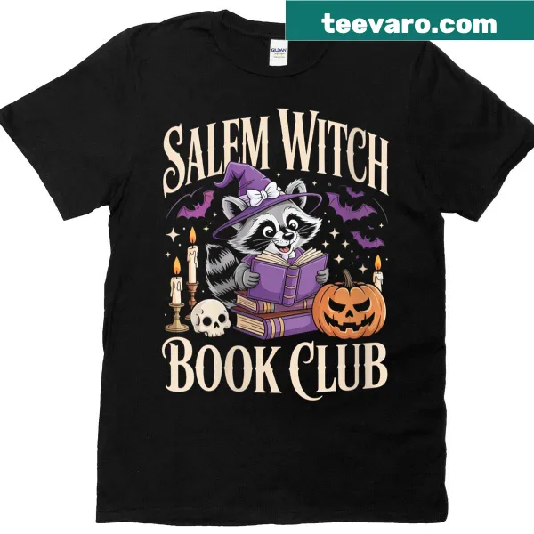 Playful raccoon witch design with book on t-shirt