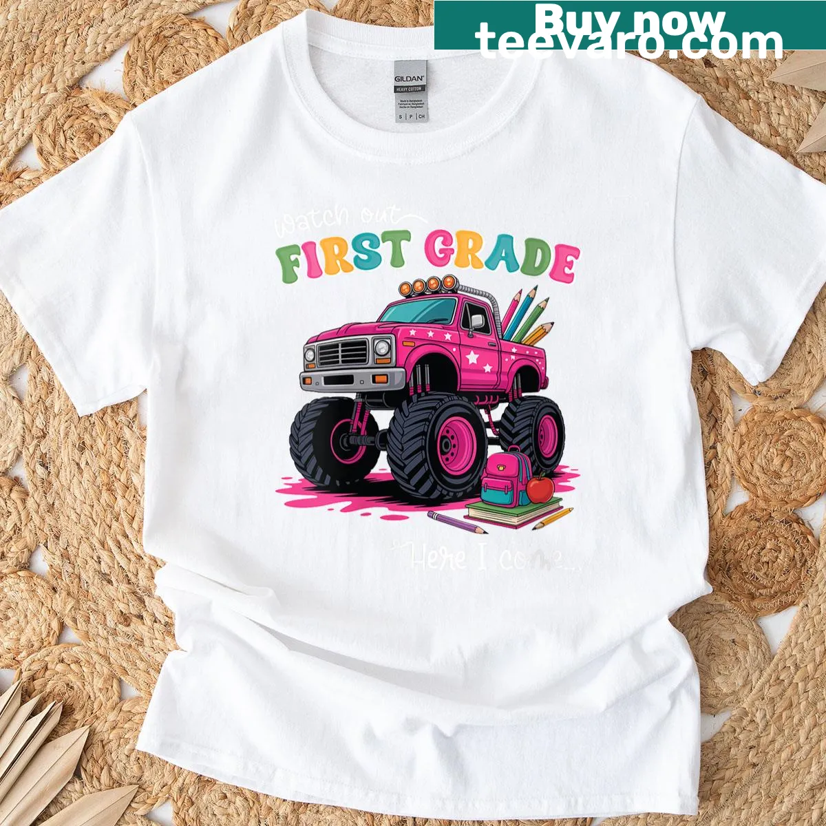 Monster truck design with text for first graders — on a men's t-shirt