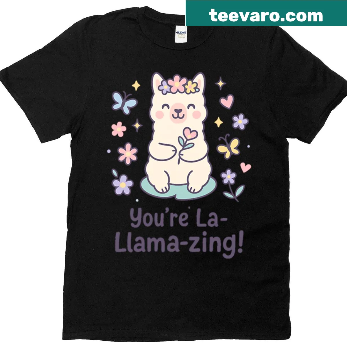 Cute pastel llama T-shirt with flowers design — on a men's t-shirt