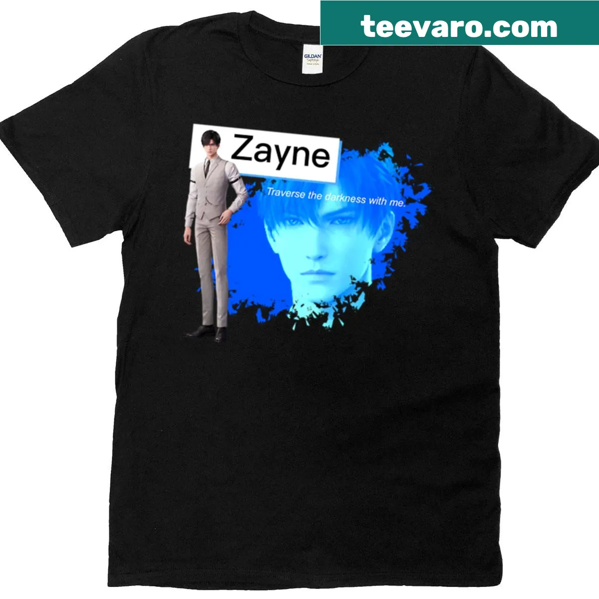 Inspirational graphic T-shirt with the phrase 'Traverse The Darkness With Me' — on a men's t-shirt
