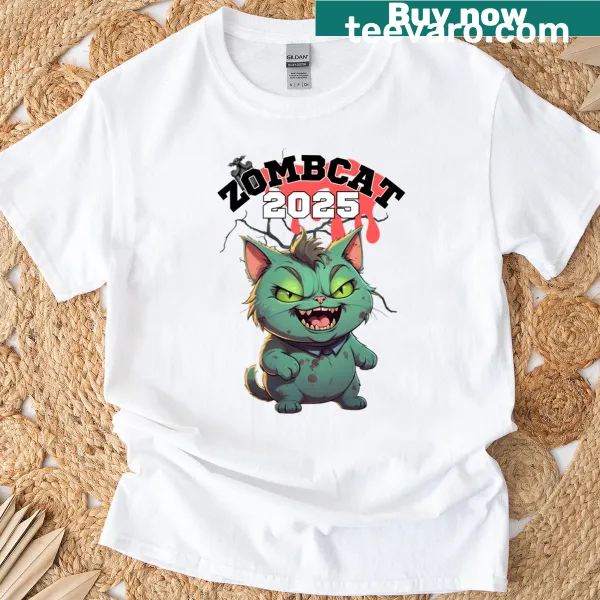 Cartoon Zombcat graphic T-shirt depicting a playful zombie cat