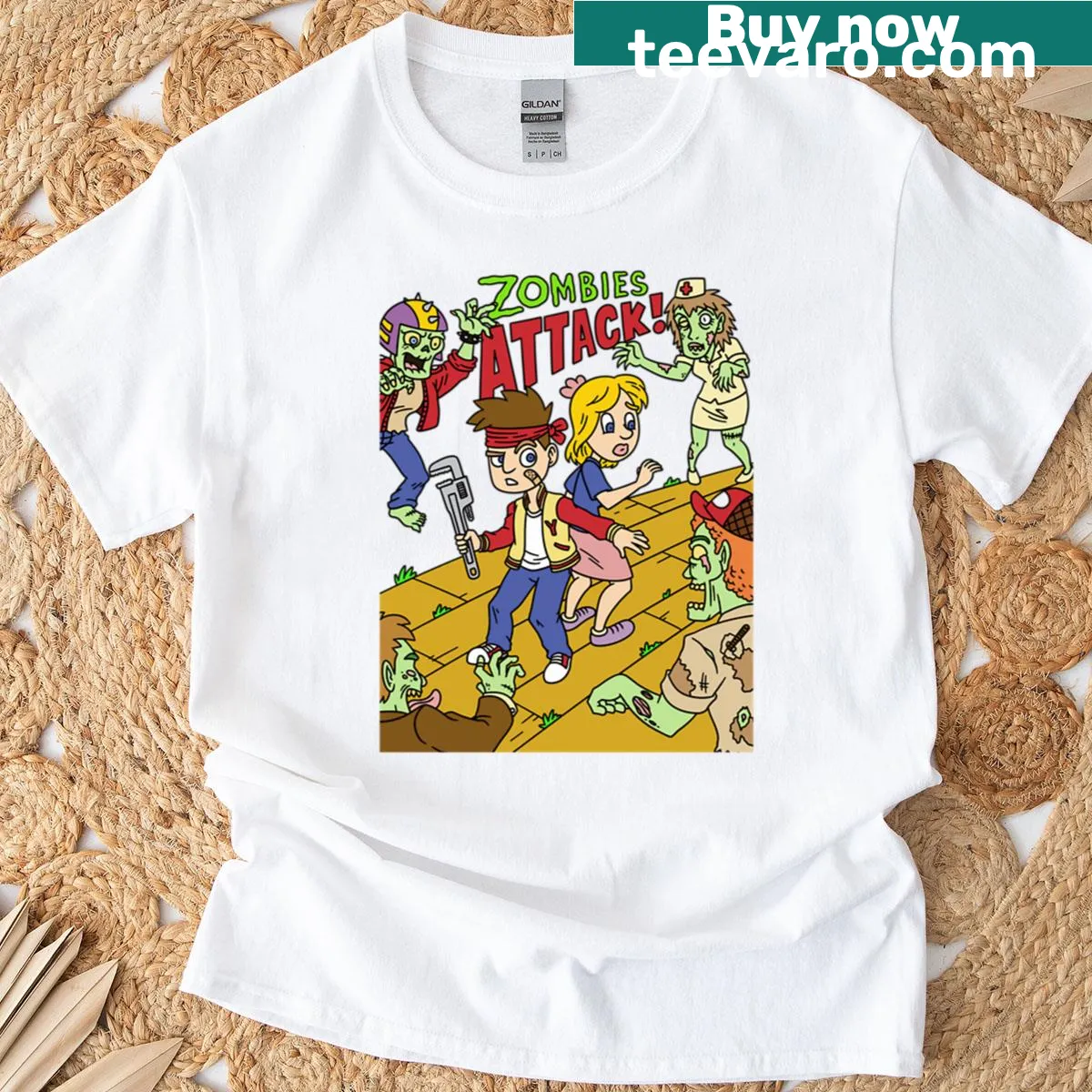 Graphic illustrating a zombie attack on T-shirt — on a men's t-shirt