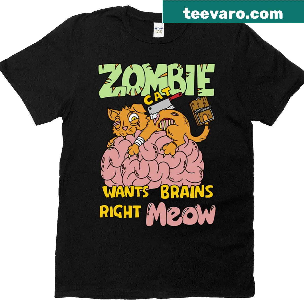 Graphic of a zombie cat wanting brains — on a men's t-shirt