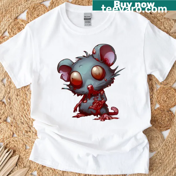 Cartoon zombie mouse graphic on a T-shirt for cat lovers