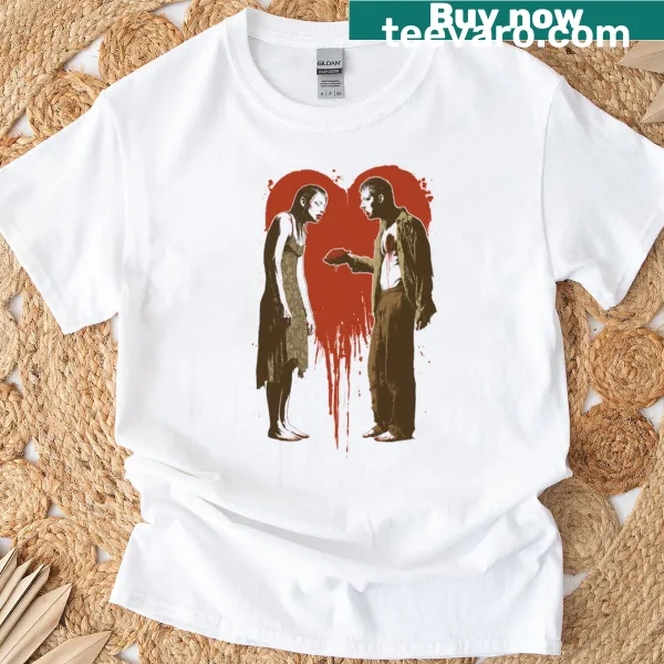 Heartwarming graphic T-shirt of two zombies in love
