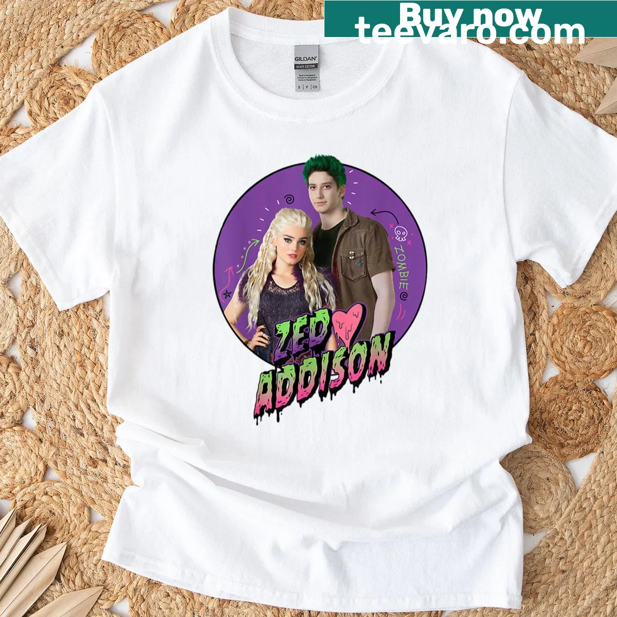 Graphic T-shirt featuring Zed and Addison from Zombies 2 in love — on a men's t-shirt