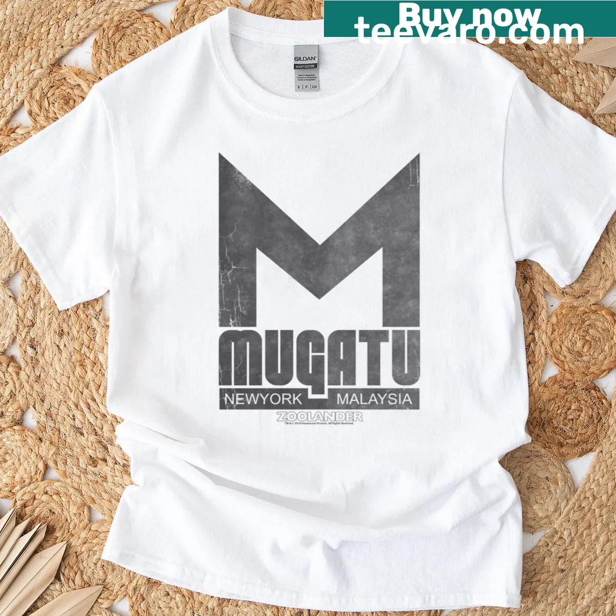 Mugatu logo graphic from Zoolander on a t-shirt — on a men's t-shirt