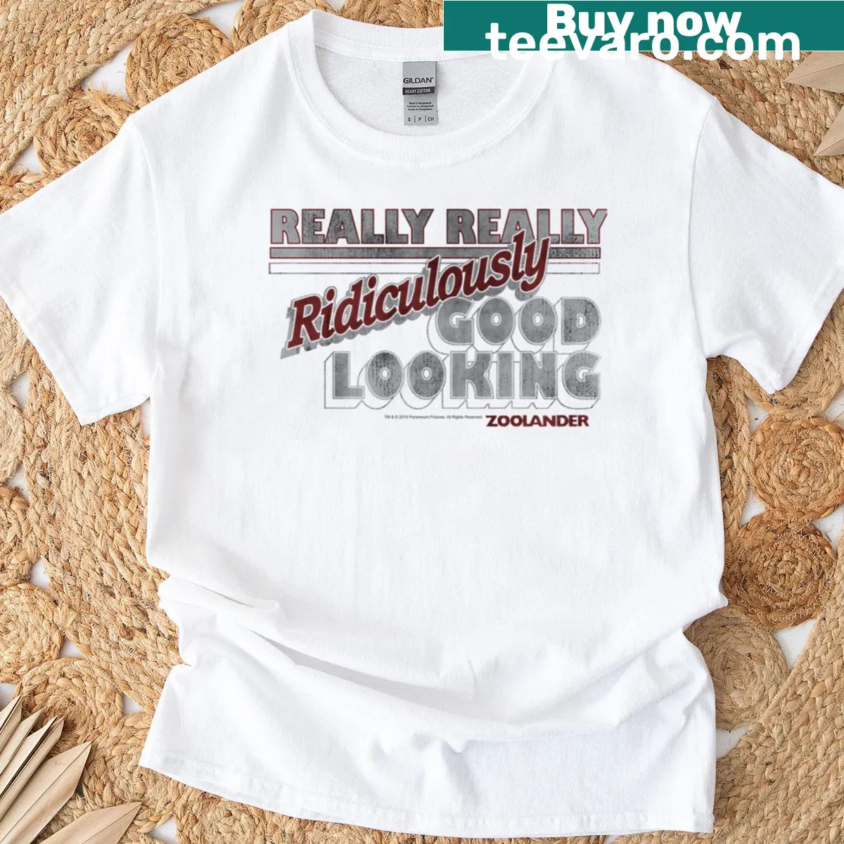 Zoolander logo t-shirt with 'Really Ridiculously Good Looking' text — on a men's t-shirt