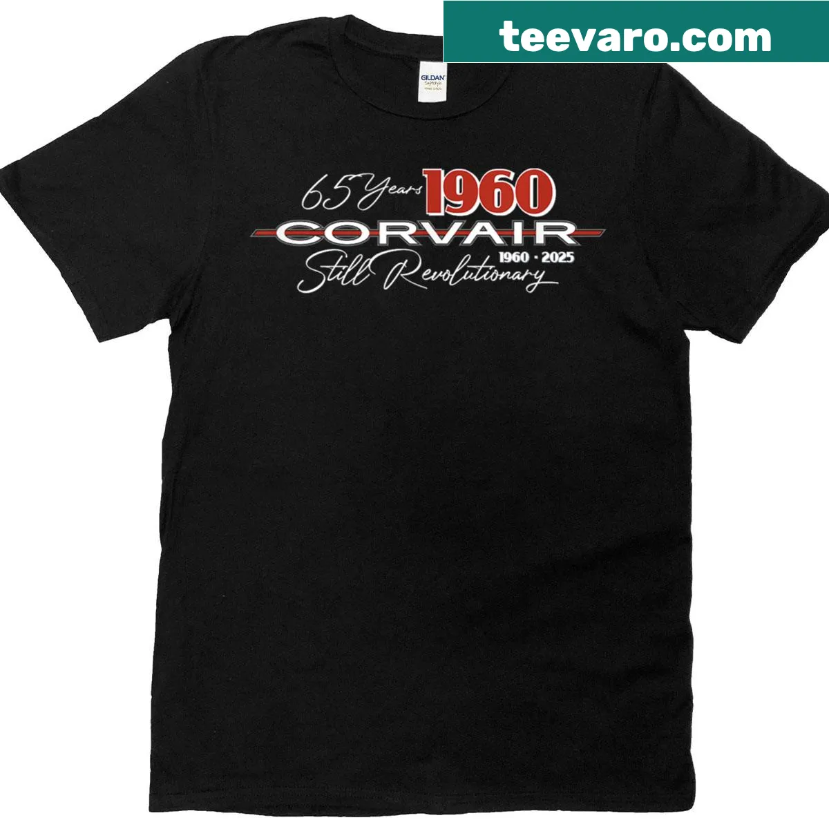 Badge emblem shirt celebrating the 1960 Corvair's 65th anniversary — on a men's t-shirt