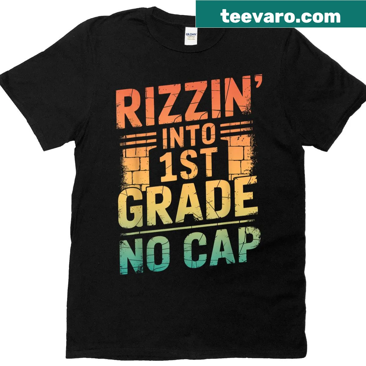 Illustrated back-to-school t-shirt saying Rizzin Into 1st Grade — on a men's t-shirt